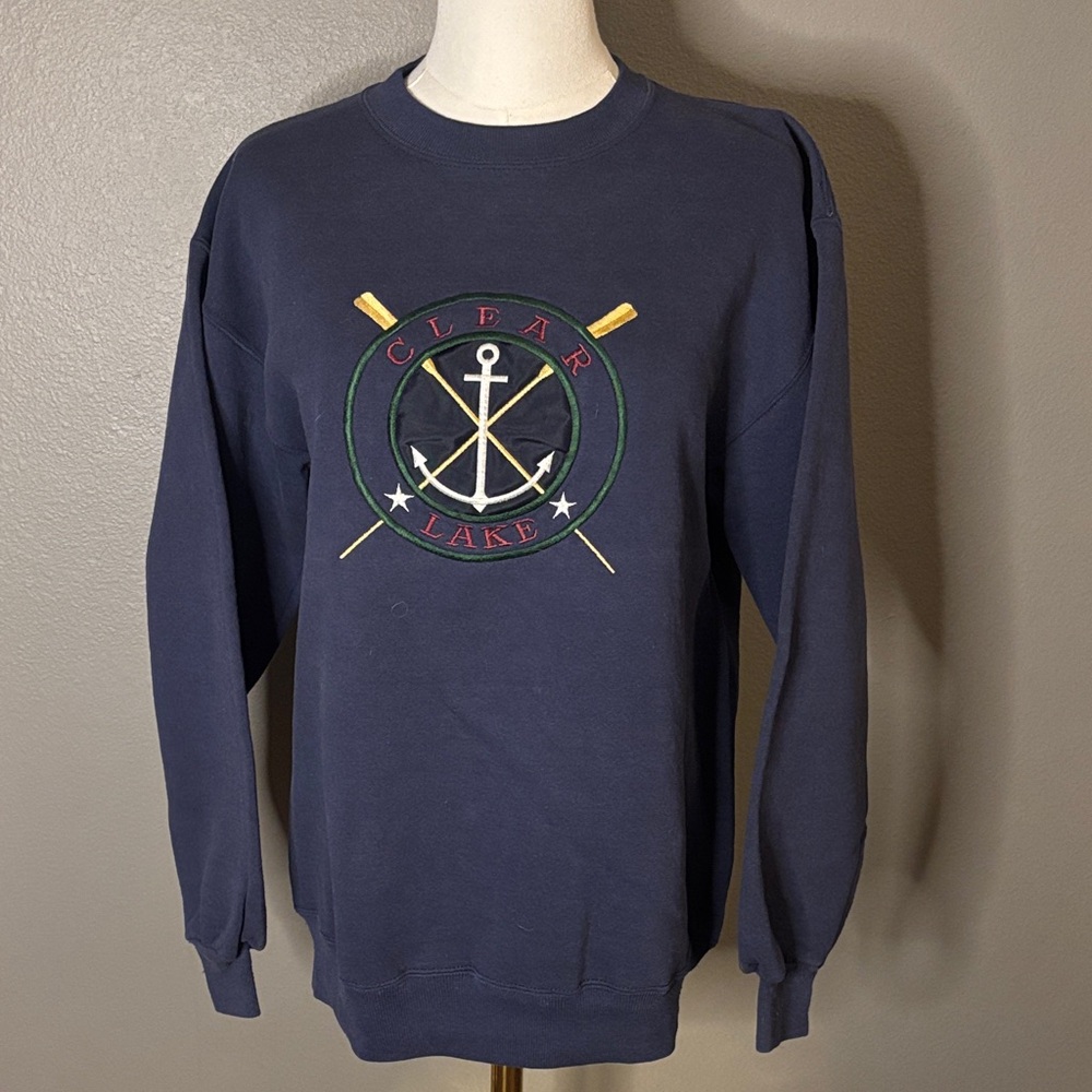 Oarsman Clear Lake Nautical Crewneck Sweatshirt Navy Anchor Crest Preppy